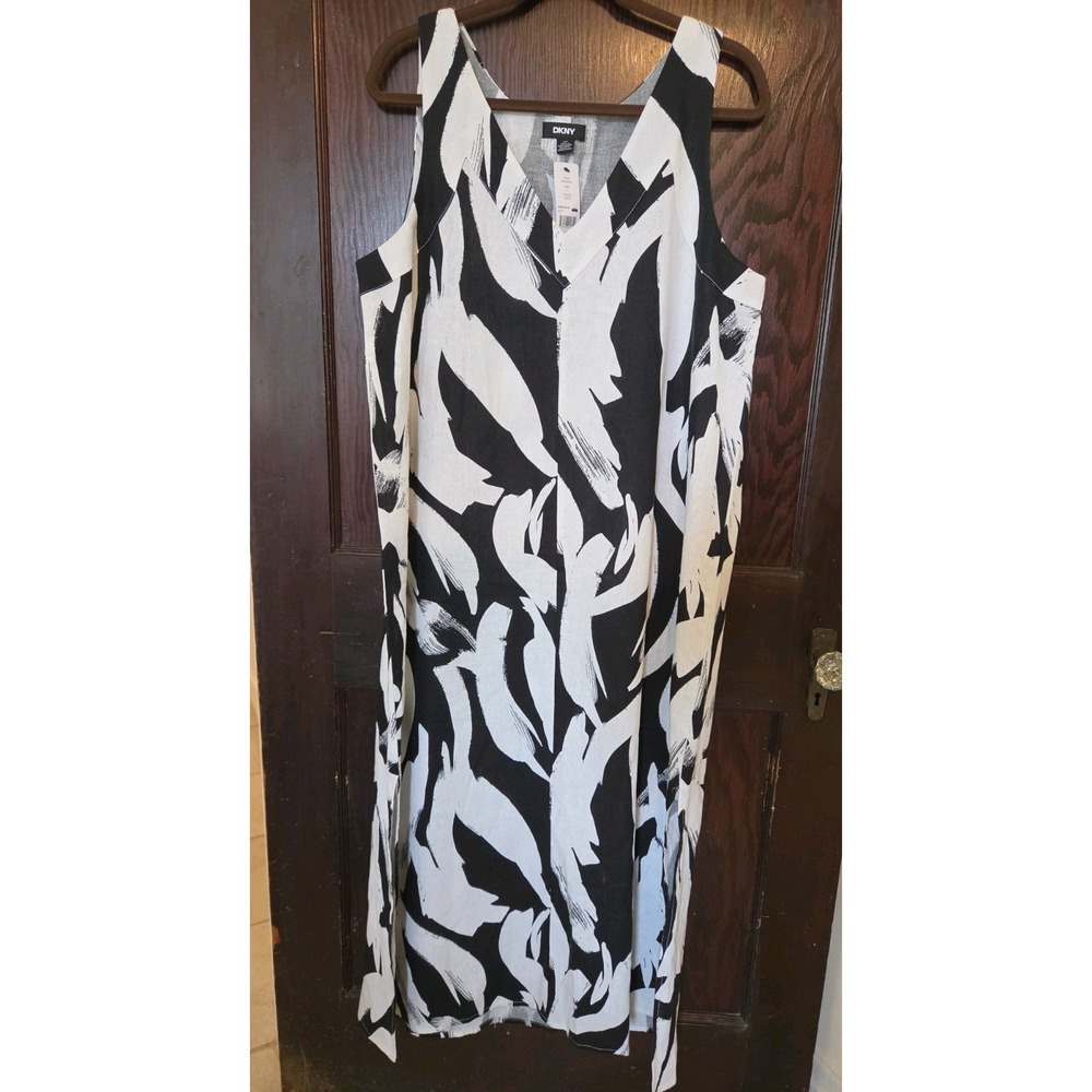 DKNY Dress Linen Blend Long Slits L Black White New‎ With Tags Boho Beach Casual